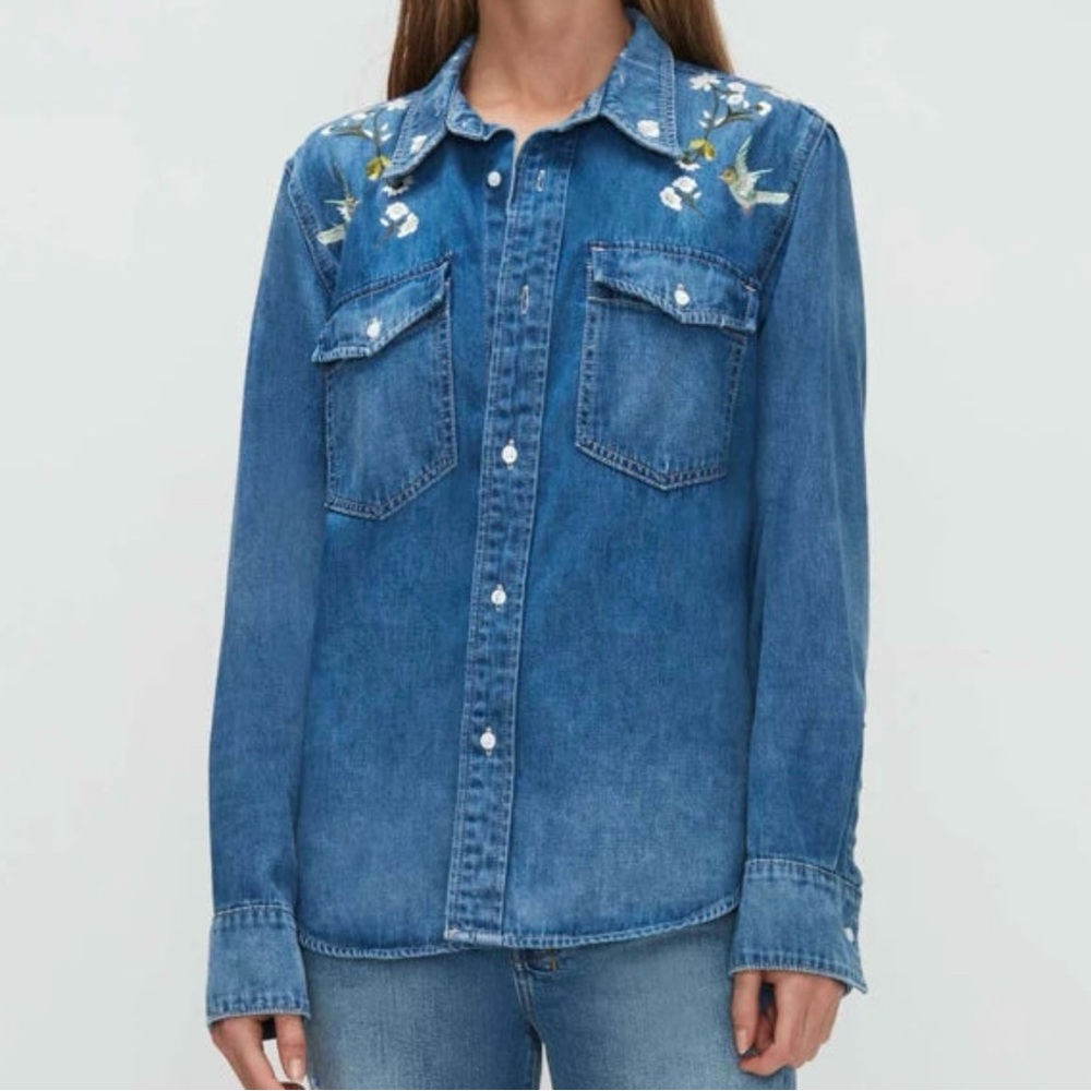 7 For All Mankind floral embroidered Classic Button Down cotton denim shirt - M